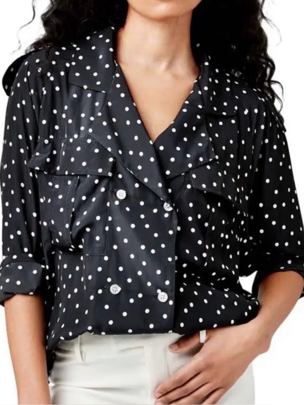 NWT Smythe Surplus Polka Dot Pocket Blouse Relaxed Fit Button Down Top Black XS